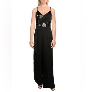 Aidan Mattox Sequin Embellished Wrap Jumpsuit Women's Black V-Neck 2R